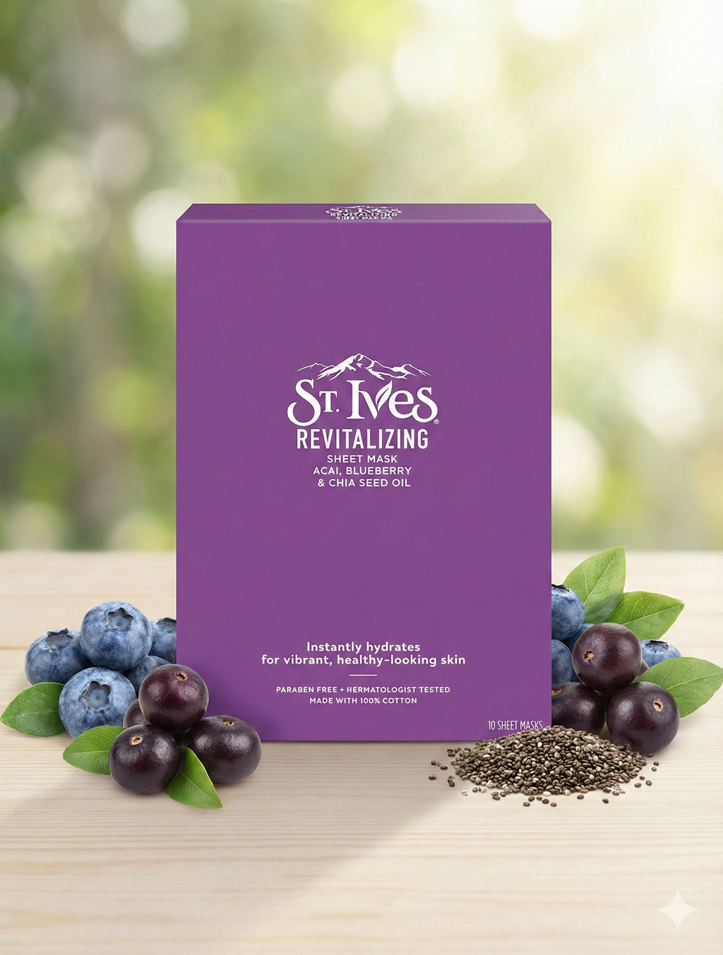 ST.IVES REVITALIZING SHEET MASK,  ACAI, BLUEBERRY,CHAI SEED OIL (10-PIECES PACK)