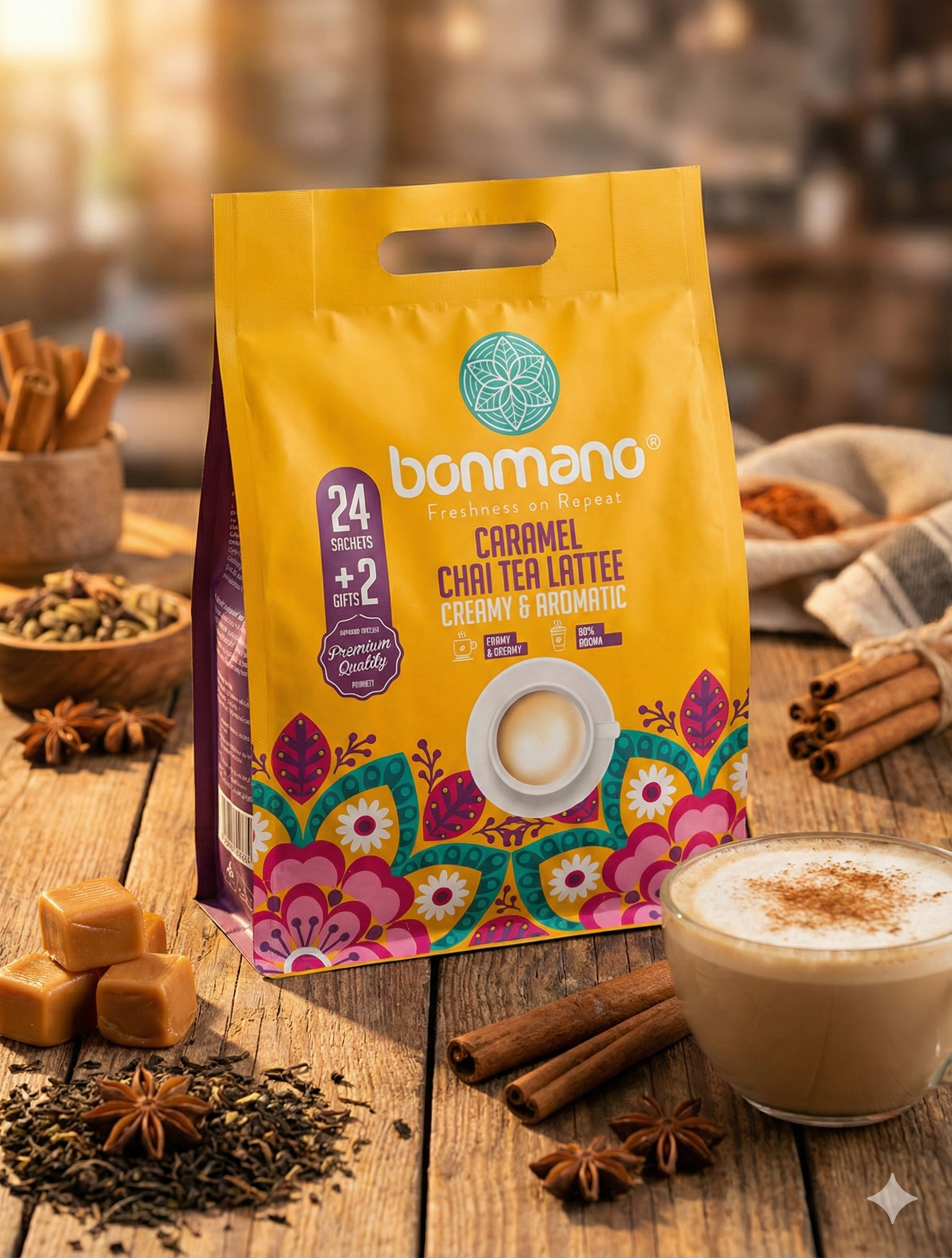 BONMANO CARAMEL CHAI TEA LATTEE, (24 SACHETS+2 GIFTS)