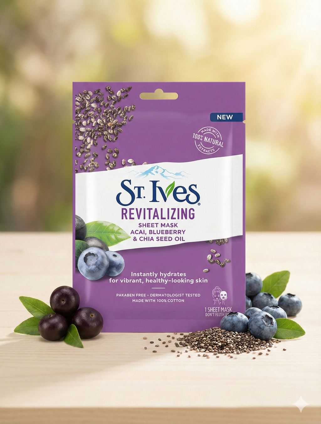 ST.IVES REVITALIZING SHEET MASK,  ACAI, BLUEBERRY,CHAI SEED OIL (10-PIECES PACK)