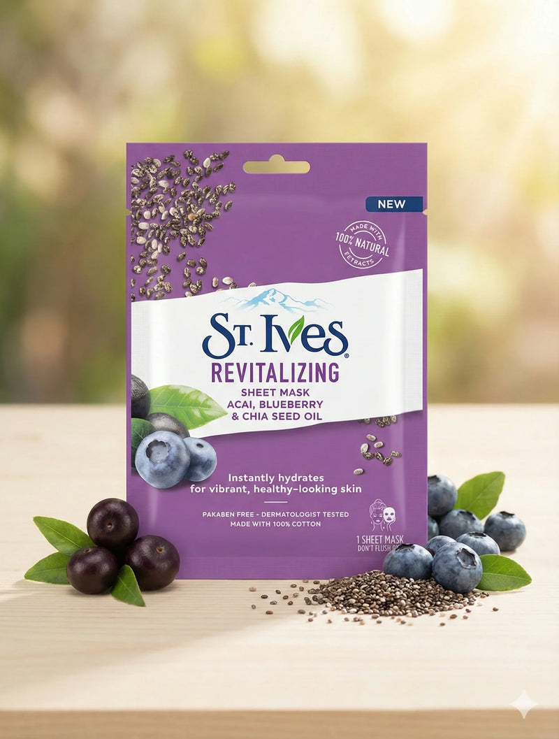 ST.IVES REVITALIZING SHEET MASK,  ACAI, BLUEBERRY,CHAI SEED OIL (10-PIECES PACK) - noorzafat.com